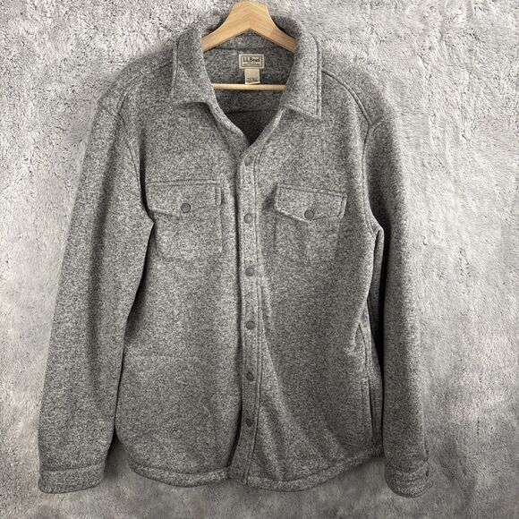 LL Bean Jacket Mens Large Tall Gray Snap Shacket Allagash Fleece Over Shirt - Picture 1 of 6